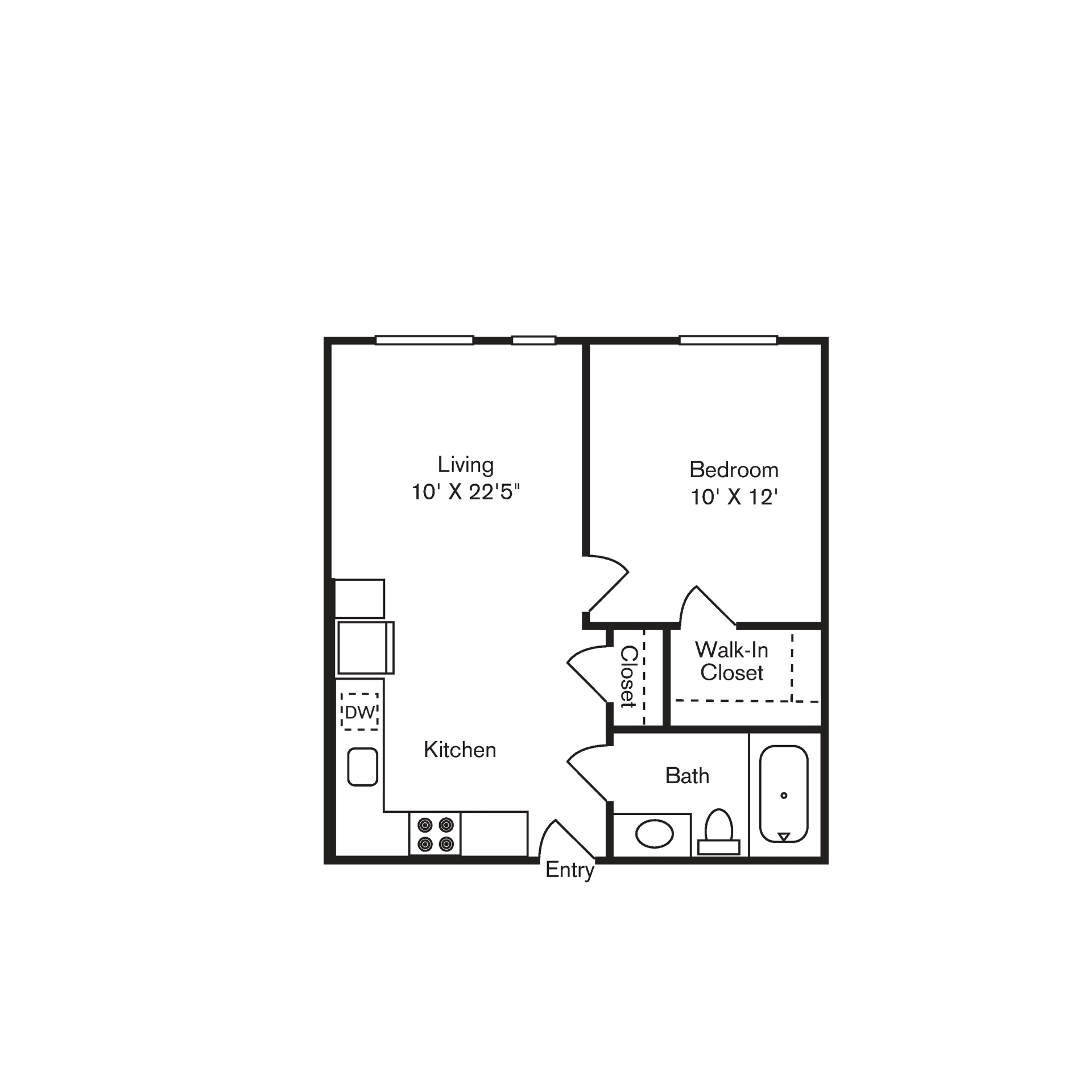 Floor plan for 1 bed, 1 bath, 519 sqft